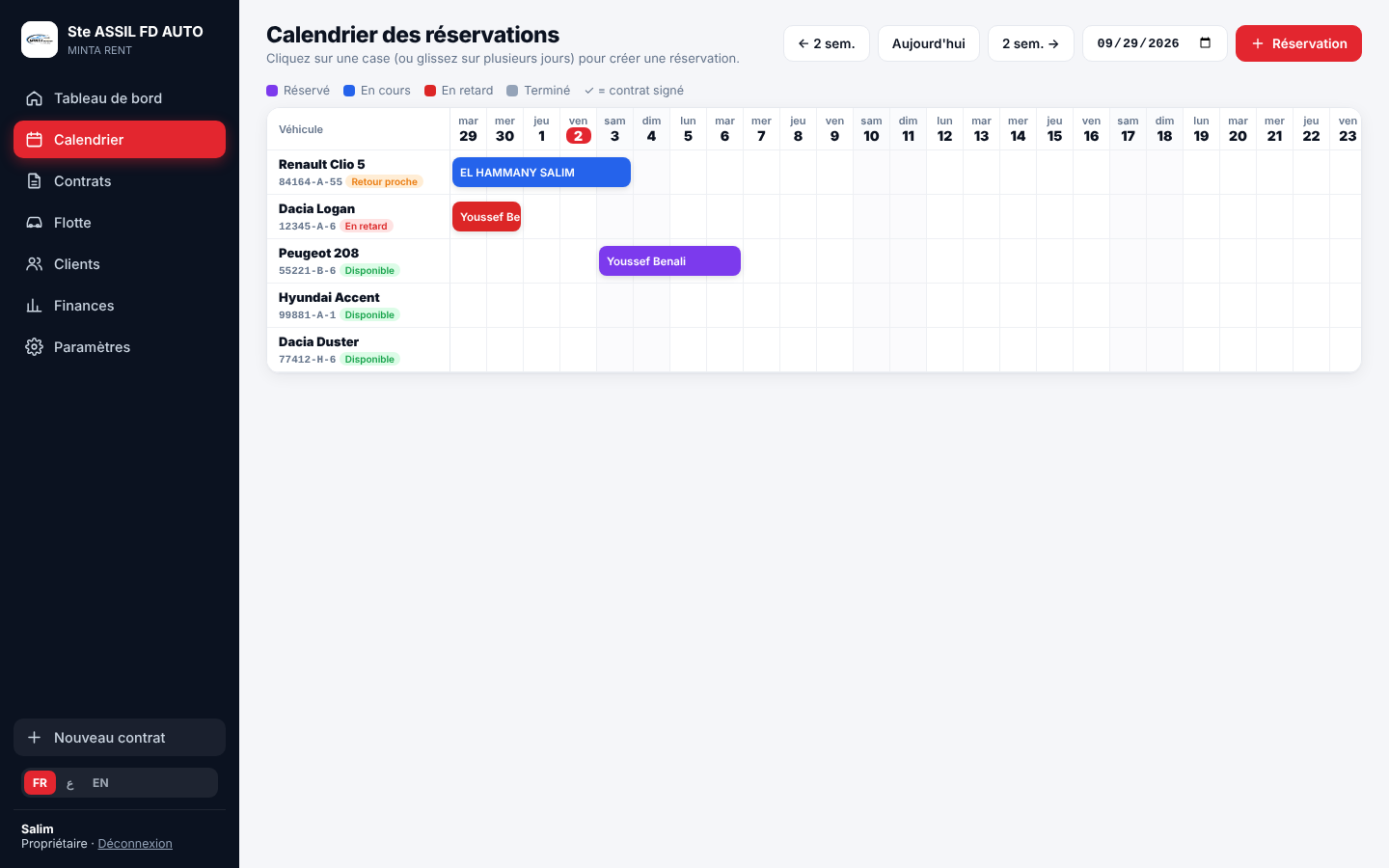 Calendrier des réservations